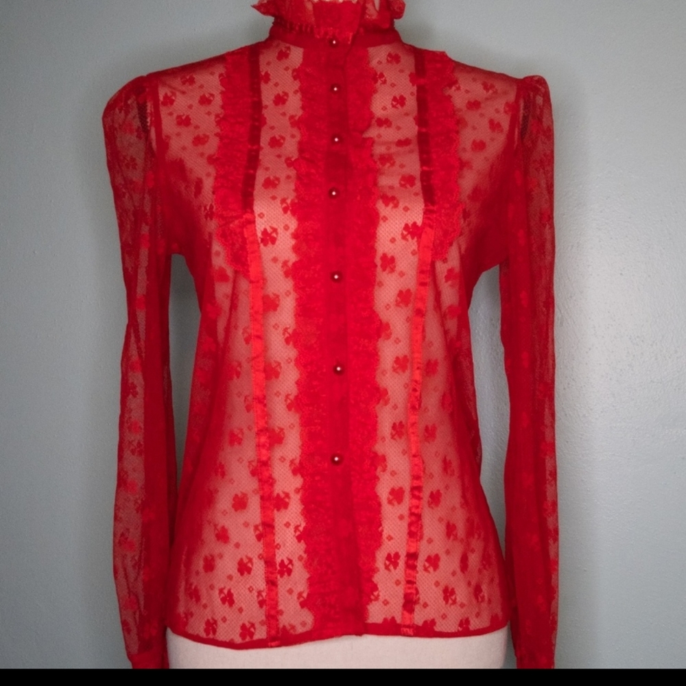 Red Lace button down blouse - Picture 3 of 6